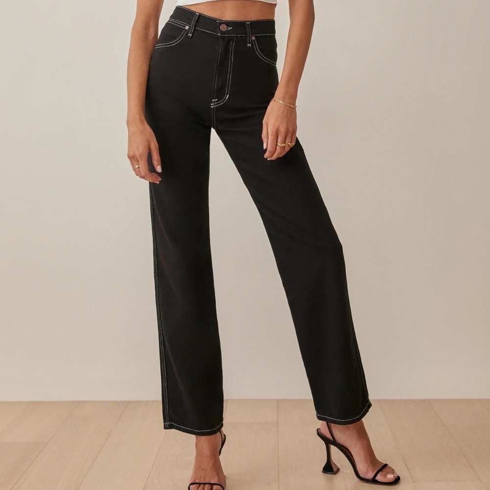 Black Reformation Cowboy High rise Straight Jeans with Contrast Stitching 27
